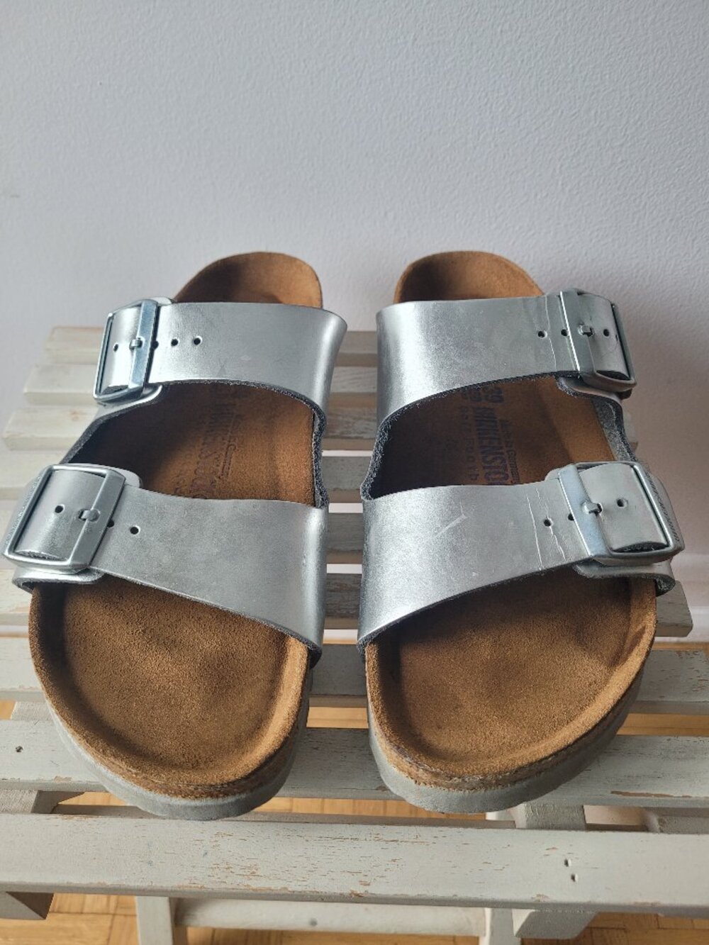 Birkenstock Silver Arizona Birko-Flor + Leather Sandals-Size 39